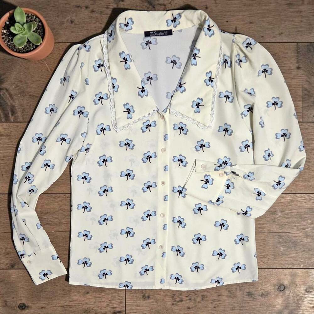 Vintage Y2K SIMPLEE Floral Big Collar Floral Button Up Shirt Blouse Top S